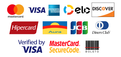 Formas de Pagamento: MasterCard, Visa, Amex, Elo, Discover, Hipercard, Aura, Diners, JCB, MasterCard Secure Code, Verified By Visa e Boleto Bancário
