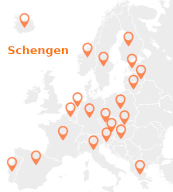 Mapa do Tratado de Schengen na Europa
